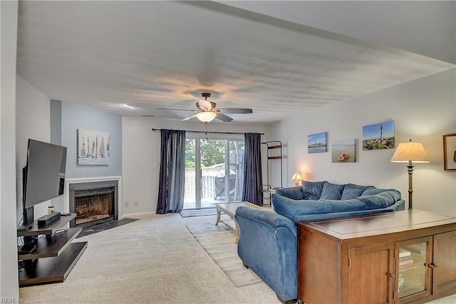 1118 Glengarry Way, Virginia Beach, VA 23451 - living area featuring a ceiling fan, a fireplace with flush hearth, and light carpet