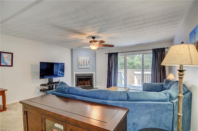 1118 Glengarry Way, Virginia Beach, VA 23451 - living area featuring a fireplace, a ceiling fan, and light colored carpet