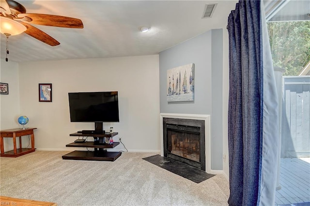 1118 Glengarry Way, Virginia Beach, VA 23451 - living room with a fireplace with flush hearth, a ceiling fan, and carpet