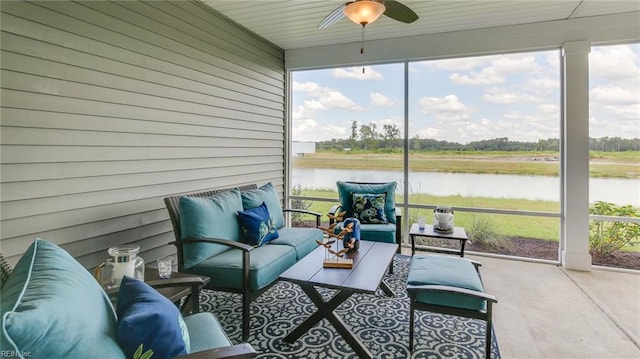 242 Quarter Horse Loop, Hertford, NC 27944 - sunroom featuring a ceiling fan, a water view, an outdoor hangout area, and healthy amount of natural light