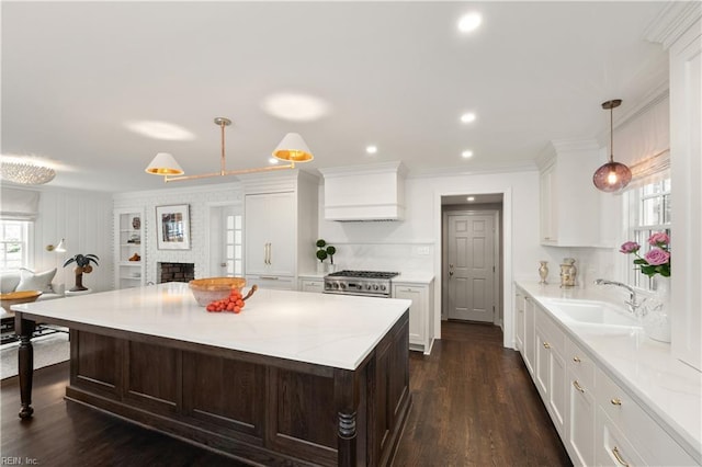 209 44th St, Virginia Beach, VA 23451 - kitchen featuring white cabinets, crown molding, a brick fireplace, custom range hood, and dark wood-style floors