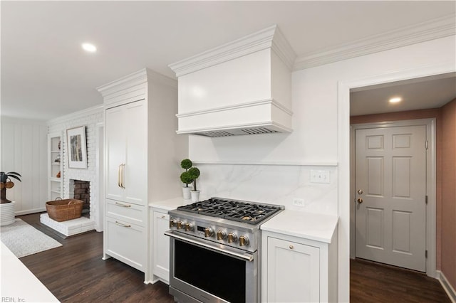 209 44th St, Virginia Beach, VA 23451 - kitchen with high end stainless steel range oven, custom range hood, dark wood finished floors, ornamental molding, and light countertops