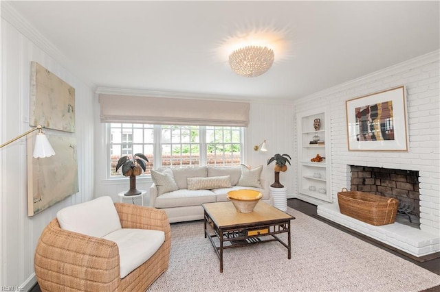 209 44th St, Virginia Beach, VA 23451 - living area with ornamental molding, built in shelves, and a brick fireplace