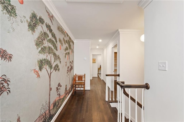 209 44th St, Virginia Beach, VA 23451 - hallway featuring wood finished floors, crown molding, recessed lighting, and an upstairs landing