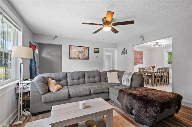 3621 S Warwick Cir, Norfolk, VA 23513 - living room featuring a textured ceiling, wood finished floors, ceiling fan, and a chandelier