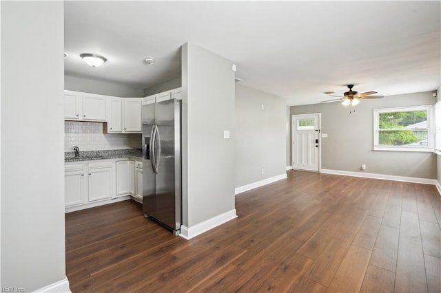 504 Day St, Hampton, VA 23661 - kitchen featuring stainless steel fridge with ice dispenser, ceiling fan, white cabinetry, decorative backsplash, and dark wood-style flooring