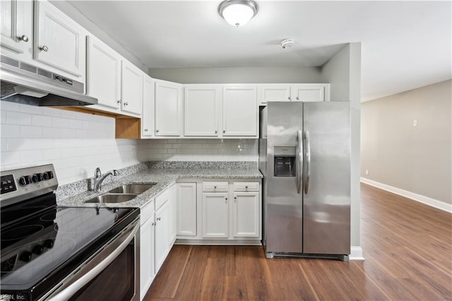 504 Day St, Hampton, VA 23661 - kitchen featuring appliances with stainless steel finishes, under cabinet range hood, dark wood-style floors, and white cabinets