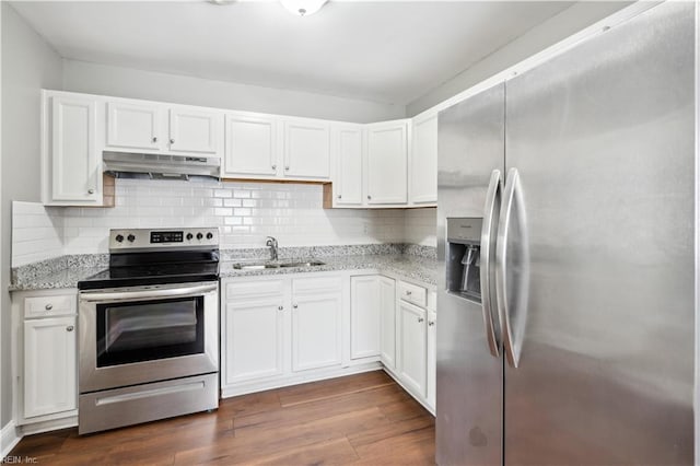 504 Day St, Hampton, VA 23661 - kitchen featuring stainless steel appliances, under cabinet range hood, white cabinetry, and decorative backsplash