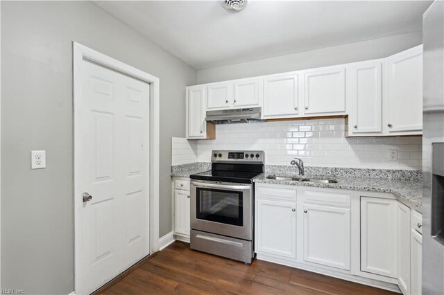 504 Day St, Hampton, VA 23661 - kitchen with stainless steel range with electric cooktop, under cabinet range hood, white cabinets, backsplash, and dark wood-style floors