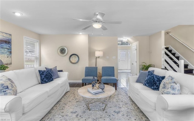 1304 Glen Burnie Ct, Virginia Beach, VA 23454 - tiled living room with healthy amount of natural light, a ceiling fan, and stairs