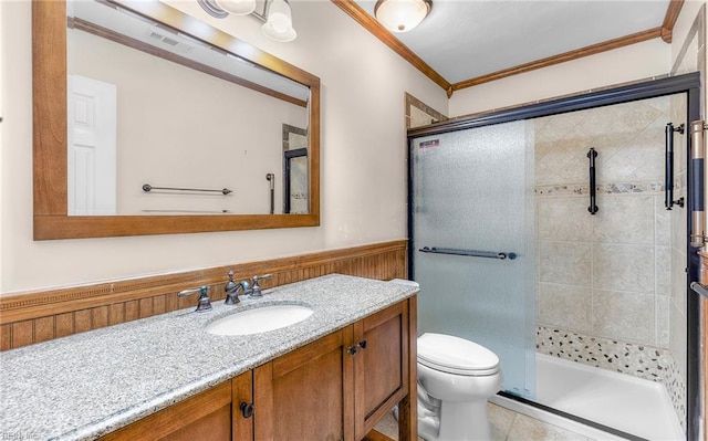 1304 Glen Burnie Ct, Virginia Beach, VA 23454 - bathroom featuring vanity, a shower stall, ornamental molding, a wainscoted wall, and tile patterned floors