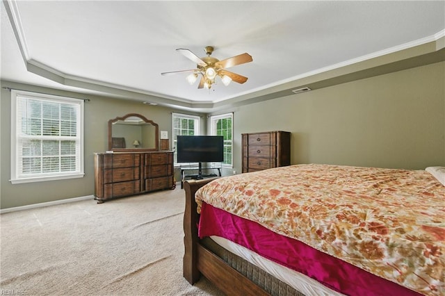 418 Rolling Hills Dr, Williamsburg, VA 23185 - bedroom with carpet floors, a tray ceiling, ornamental molding, and a ceiling fan
