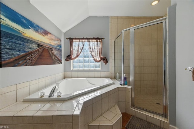418 Rolling Hills Dr, Williamsburg, VA 23185 - bathroom featuring a garden tub, a stall shower, and vaulted ceiling