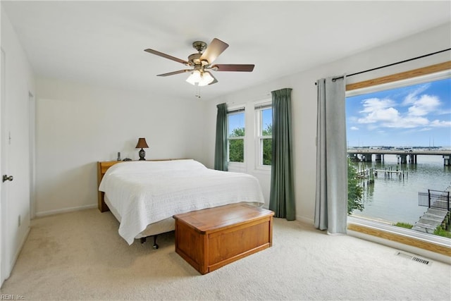 1039 Little Bay Ave, Norfolk, VA 23503 - bedroom featuring light carpet, a water view, ceiling fan, and access to outside