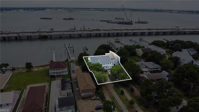 1039 Little Bay Ave, Norfolk, VA 23503 - aerial overview of property's location with a large body of water, property parcel outlined, and a notable bridge