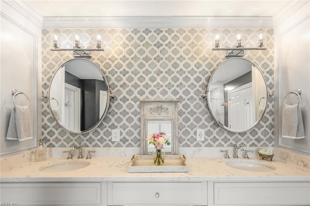 6003 Spinnaker Cove Ct, Suffolk, VA 23435 - full bathroom featuring double vanity, crown molding, and wallpapered walls