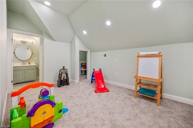 6003 Spinnaker Cove Ct, Suffolk, VA 23435 - playroom featuring vaulted ceiling, carpet floors, and recessed lighting