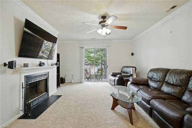 107 Westover Ave Unit 203, Norfolk, VA 23507 - living area with carpet flooring, crown molding, a fireplace with flush hearth, ceiling fan, and a textured ceiling