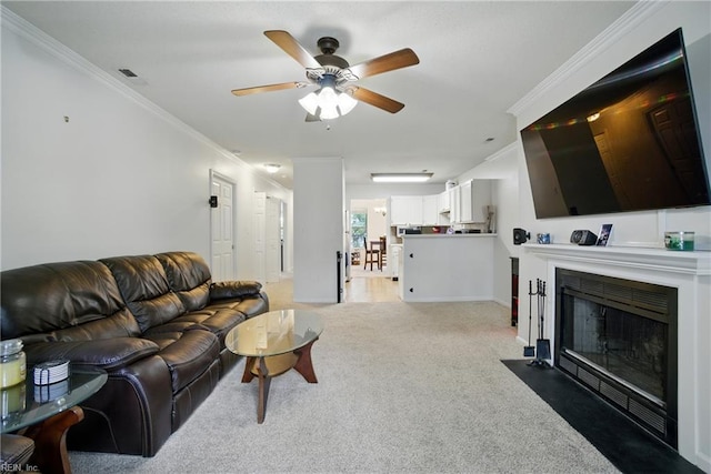 107 Westover Ave Unit 203, Norfolk, VA 23507 - living room with light colored carpet, a ceiling fan, a fireplace with flush hearth, and ornamental molding