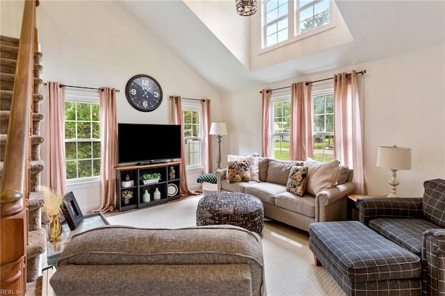 55 Brogden Ln, Hampton, VA 23666 - living room with carpet, healthy amount of natural light, and a towering ceiling