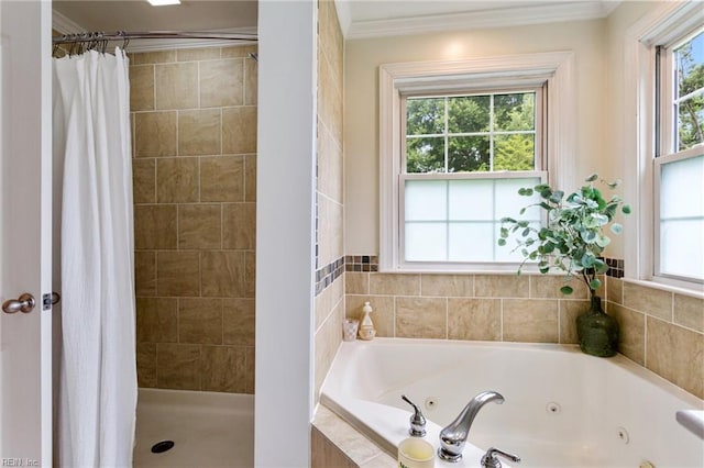 55 Brogden Ln, Hampton, VA 23666 - bathroom with a whirlpool tub, crown molding, and tiled shower