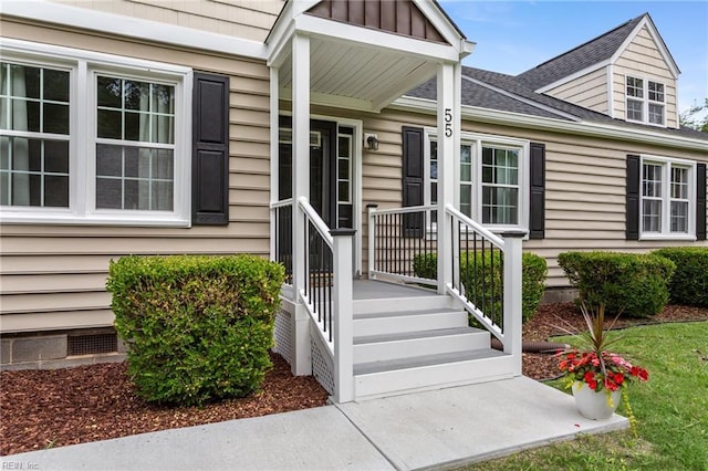 55 Brogden Ln, Hampton, VA 23666 - property entrance with crawl space and a shingled roof