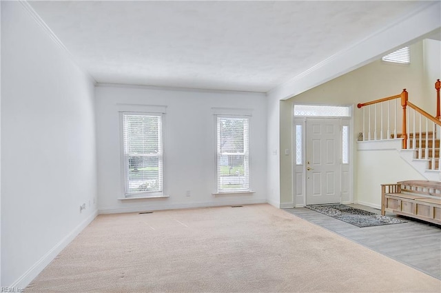 832 Doe Run Dr, Chesapeake, VA 23322 - carpeted foyer entrance with stairway and crown molding