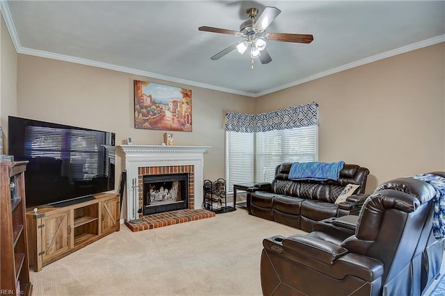832 Doe Run Dr, Chesapeake, VA 23322 - carpeted living room featuring crown molding, ceiling fan, and a brick fireplace