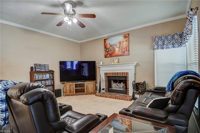 832 Doe Run Dr, Chesapeake, VA 23322 - living room with carpet floors, ceiling fan, crown molding, and a brick fireplace