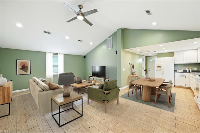 9001 Tidewater Dr, Norfolk, VA 23503 - living room with light wood-type flooring, ceiling fan, recessed lighting, and high vaulted ceiling