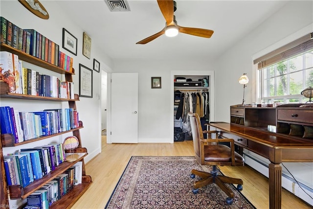 2400 Deerfield Cres, Chesapeake, VA 23321 - office area featuring wood finished floors, a ceiling fan, and a baseboard radiator