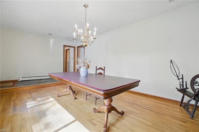 709 Wolfsnare Cres, Virginia Beach, VA 23454 - dining area featuring a baseboard heating unit, wood finished floors, and a chandelier