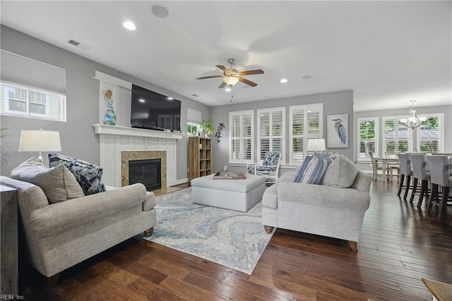 220 Wisdom Path, Chesapeake, VA 23322 - living room with a fireplace with flush hearth, a chandelier, recessed lighting, ceiling fan, and hardwood / wood-style flooring