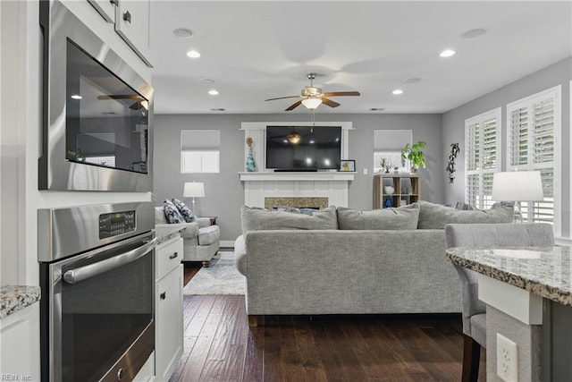 220 Wisdom Path, Chesapeake, VA 23322 - living area featuring a fireplace, a ceiling fan, dark wood-style flooring, and recessed lighting