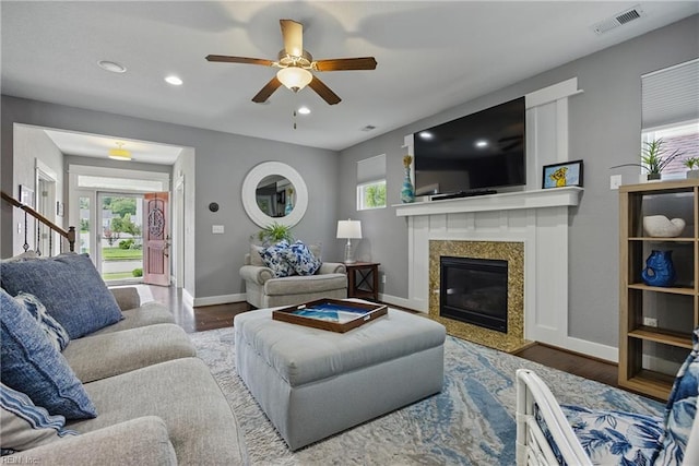 220 Wisdom Path, Chesapeake, VA 23322 - living area with wood finished floors, a ceiling fan, a fireplace, and recessed lighting