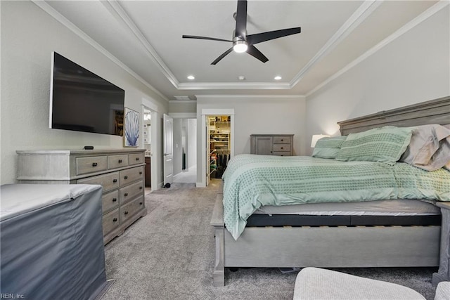 220 Wisdom Path, Chesapeake, VA 23322 - bedroom with light carpet, a tray ceiling, a walk in closet, crown molding, and recessed lighting