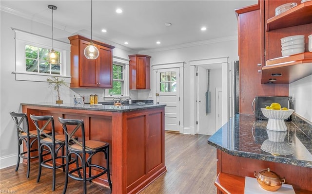 418 Massachusetts Ave, Norfolk, VA 23508 - kitchen with open shelves, ornamental molding, dark wood-style floors, decorative light fixtures, and dark stone countertops