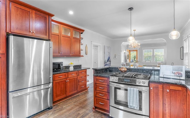 418 Massachusetts Ave, Norfolk, VA 23508 - kitchen with appliances with stainless steel finishes, crown molding, dark wood-style floors, a chandelier, and glass insert cabinets