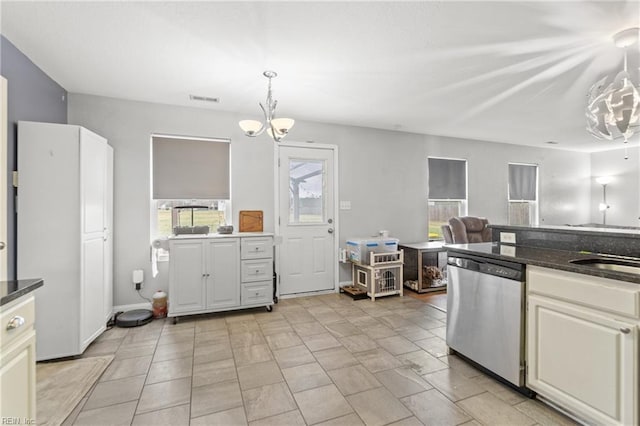 141 Long Pine Rd, South Mills, NC 27976 - kitchen featuring dishwasher, a chandelier, decorative light fixtures, and dark stone countertops