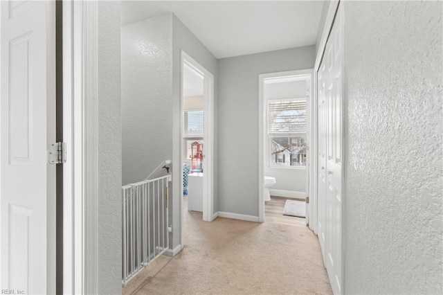 141 Long Pine Rd, South Mills, NC 27976 - hallway with a textured wall, carpet floors, and an upstairs landing