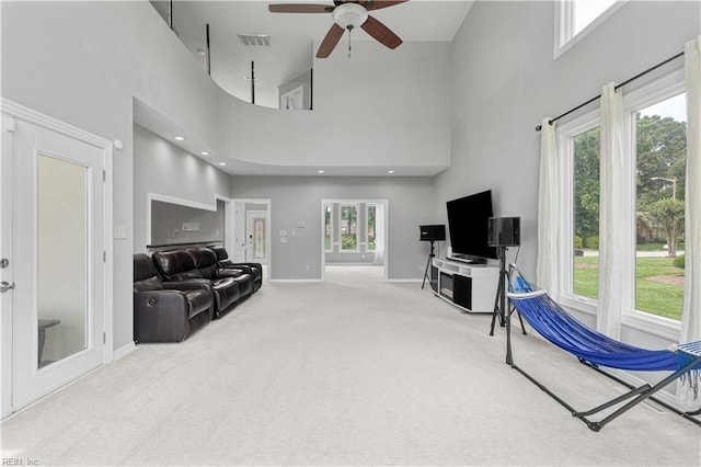 1207 Masers Row, Chesapeake, VA 23320 - carpeted living area with a towering ceiling, a ceiling fan, and french doors