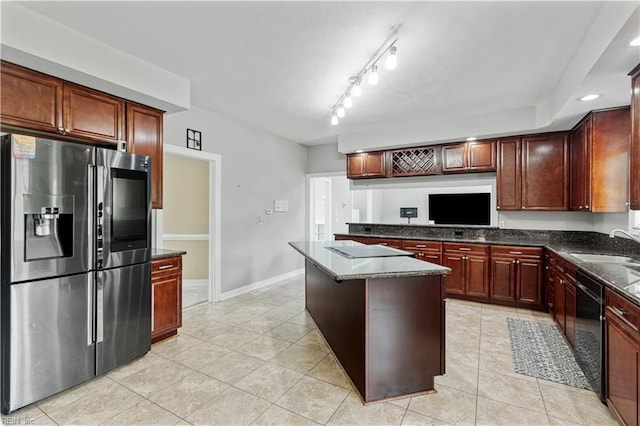 1207 Masers Row, Chesapeake, VA 23320 - kitchen featuring black appliances, light tile patterned floors, dark stone countertops, and recessed lighting