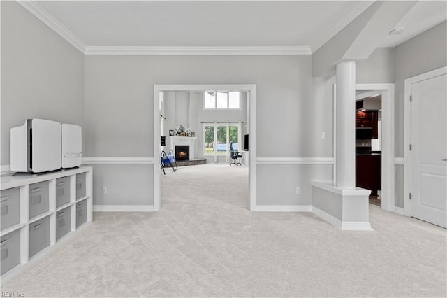 1207 Masers Row, Chesapeake, VA 23320 - unfurnished room featuring carpet flooring, crown molding, a fireplace, and decorative columns