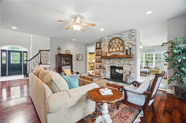 2316 Holland Rd, Virginia Beach, VA 23453 - living room featuring ceiling fan, stairs, wood-type flooring, a fireplace, and recessed lighting