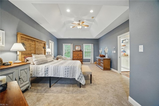 2316 Holland Rd, Virginia Beach, VA 23453 - bedroom with light carpet, recessed lighting, a tray ceiling, and ceiling fan