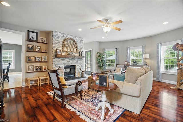 2316 Holland Rd, Virginia Beach, VA 23453 - living room with hardwood / wood-style floors, a fireplace, a ceiling fan, and recessed lighting