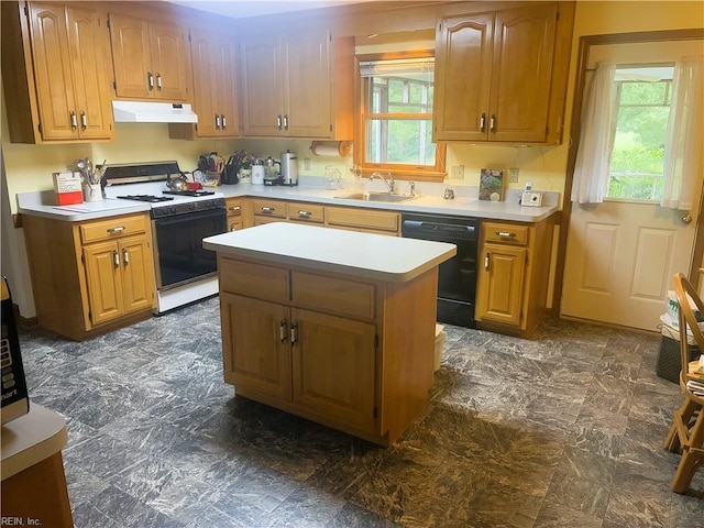 937 Marble Arch, Chesapeake, VA 23322 - kitchen featuring range, black dishwasher, under cabinet range hood, light countertops, and a center island