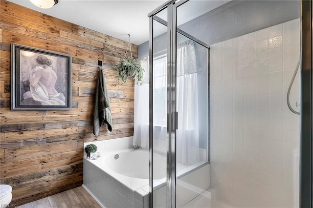 1205 Woods Way, Chesapeake, VA 23323 - full bath with a shower stall, wooden walls, a garden tub, and wood finished floors