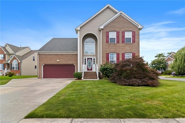 2000 Kelsey Bay Ct, Chesapeake, VA 23323 - traditional-style house with brick siding, a front lawn, concrete driveway, and an attached garage