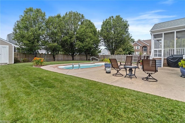 2000 Kelsey Bay Ct, Chesapeake, VA 23323 - view of pool with a sunroom, a fenced backyard, a patio area, a storage shed, and area for grilling